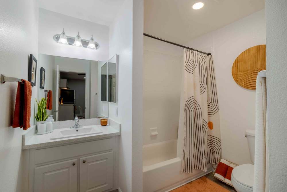 Bathroom with vanity with white cabinets, mirror, and shower tub combo