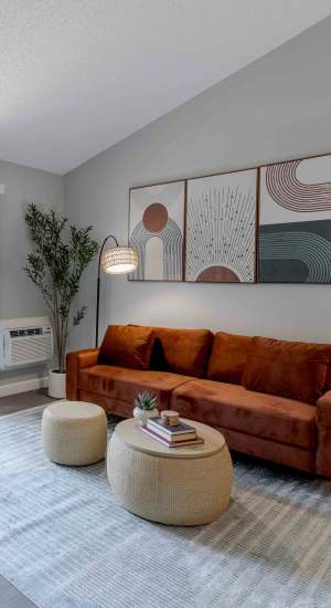 Living area with sofa, rug, plant, and modern wall art