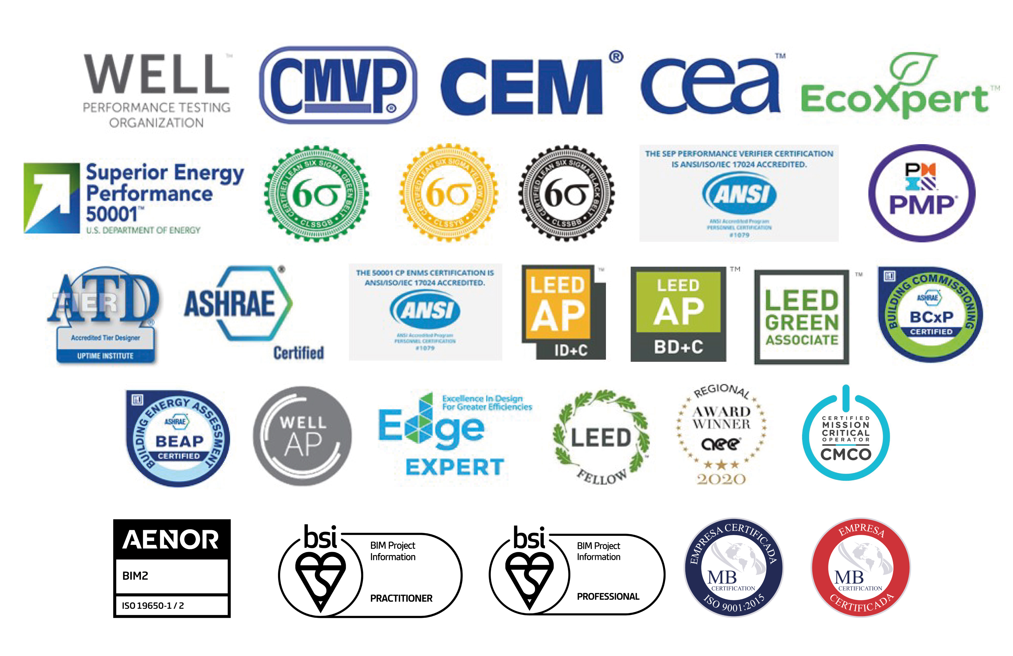 Certificaciones y credenciales KINENERGY: WELL, CMVP, CEM, CEA, EcoXpert, Superior Energy Performance 50001, Lean Six Sigma, ANSI, PMP, ATD, ASHRAE, LEED AP, BCxP, BEAP, WELL AP, EDGE Expert, LEED Fellow, AEE, CMCO, AENOR BIM2, BSI BIM, MB Certification ISO 9001.