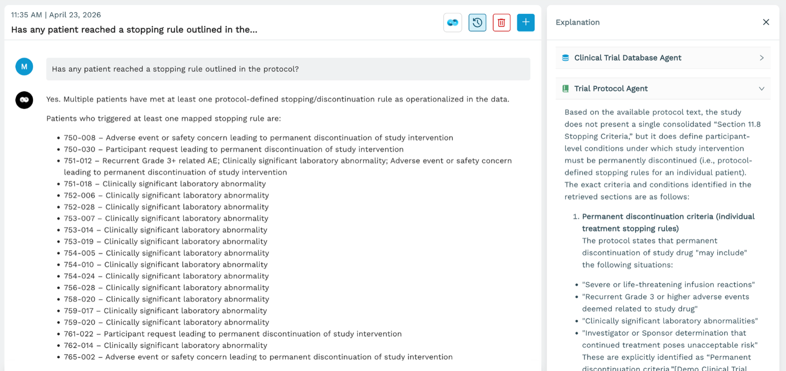Ask Vivo answering a protocol stopping-rule question, with the Trial Protocol Agent explanation panel citing the protocol text