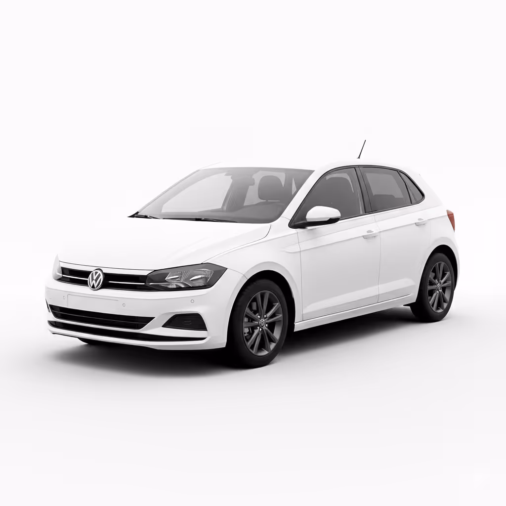 White Volkswagen hatchback car angled to show front and right side on a white background.
