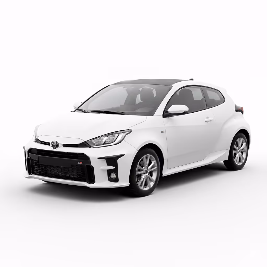 White Toyota GR Yaris compact sporty hatchback car with black roof on a white background.