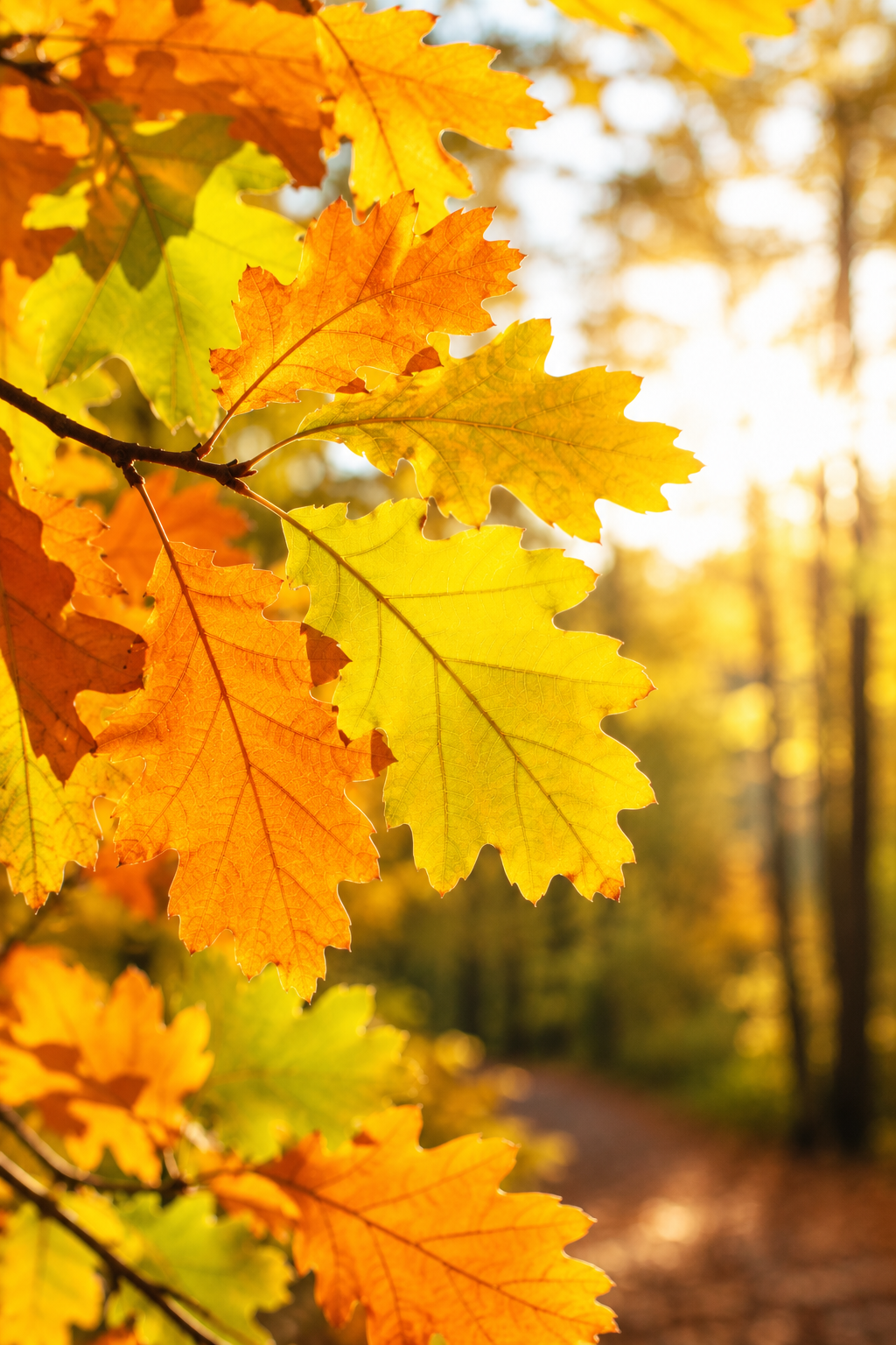 Close-up of oak leaves in bright autumn colors of orange and yellow, backlit by sunlight with a blurred forest path in the background.