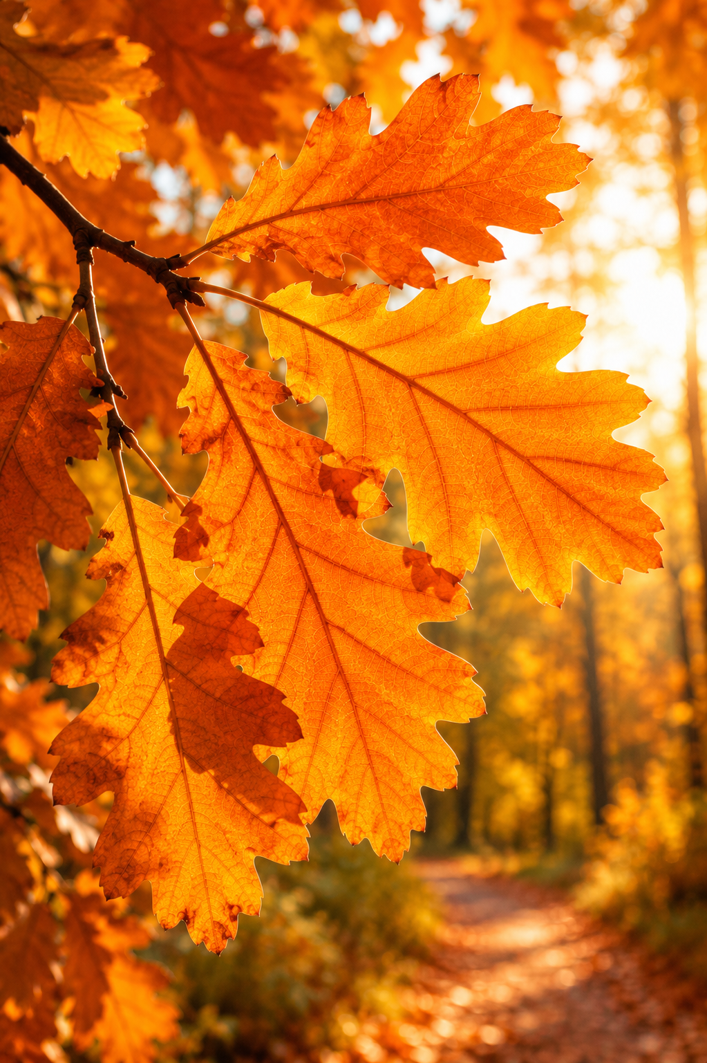 Close-up of orange autumn oak leaves backlit by sunlight with a blurred forest path in the background.
