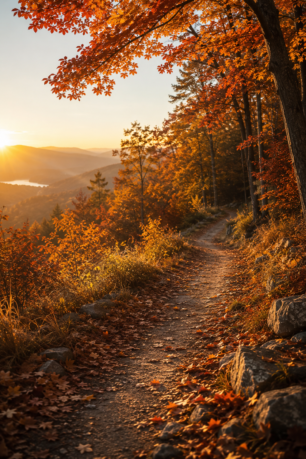 A winding dirt path covered with fallen autumn leaves runs through a forest with trees displaying vibrant red and orange foliage, illuminated by the warm light of a setting sun over distant hills and a lake.