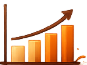 Bar chart with five orange bars increasing in height from left to right, topped with a rising arrow indicating growth or progress.