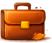 Closed brown briefcase with a handle lying on a white surface, next to an orange leaf.