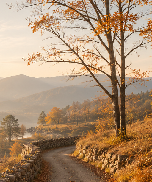 Curving dirt path bordered by low stone walls winding through an autumn landscape with trees showing orange and yellow leaves, set against distant misty mountains under a soft sky.