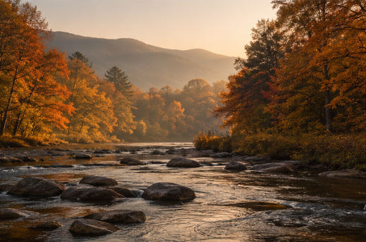 A gentle river flows over rocks with autumn trees on both banks displaying orange and yellow foliage, and mountains in soft morning light in the background.