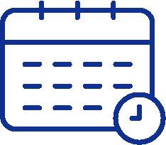 Blue calendar icon with a clock symbol in the bottom right corner.