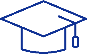 Blue outline of a graduation cap with a tassel on white background.