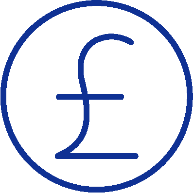 Blue British pound currency symbol inside a blue circle outline.