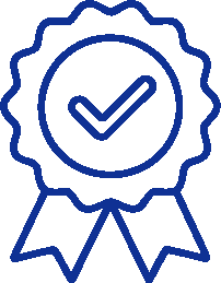 Blue award ribbon icon with a checkmark symbol inside a circular center.