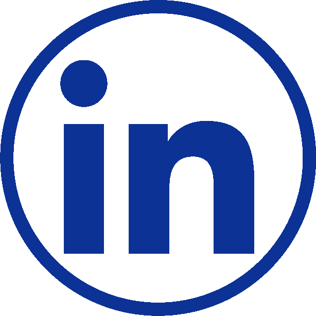 LinkedIn logo in blue inside a circular border.
