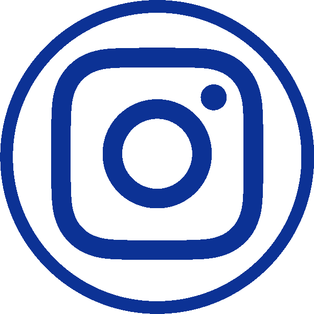 Instagram logo in solid blue within a blue circular border on a white background.