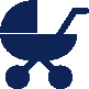 Blue baby stroller icon with handle and four wheels on a white background.