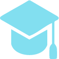 Blue graduation cap icon with a tassel on the right side.