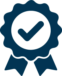 Blue badge icon with a check mark in the center and two ribbons below.
