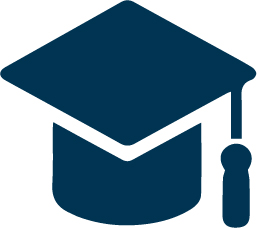 Navy blue graduation cap icon with tassel on white background.
