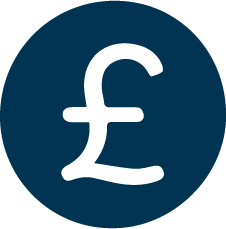 White British pound currency symbol inside a dark blue circle.