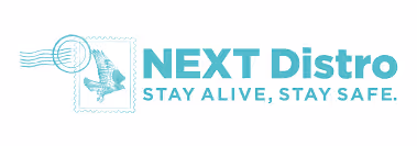 NEXT Distro logo with a teal bird in a postage stamp and the slogan Stay Alive, Stay Safe.