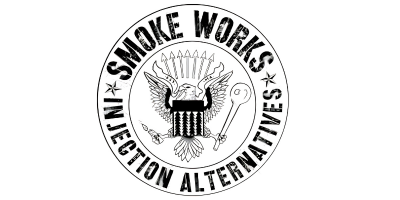 Circular logo with an eagle holding utensils and arrows, text around reads Smoke Works Injection Alternatives.