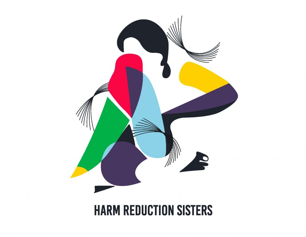 Abstract colorful illustration of a person with text Harm Reduction Sisters below.