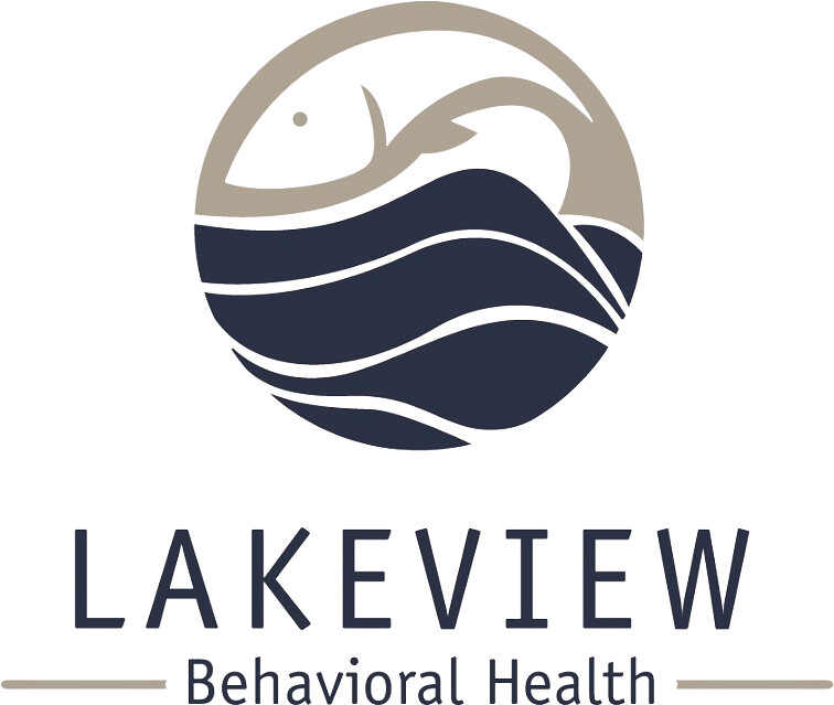 Lakeview Behavioral Health logo with stylized fish and water waves inside a circle.