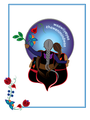 Illustration of three people with braided hair, embracing under a circle with text and flower decorations.