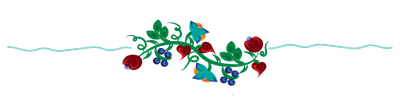 Ojibwe floral divider with colorful flowers and leaves between two wavy blue lines.