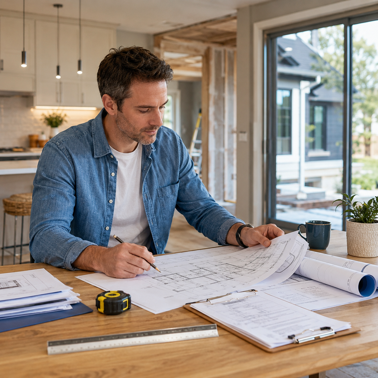 Homeowner reviewing permit drawings during a Toronto renovation planning project.