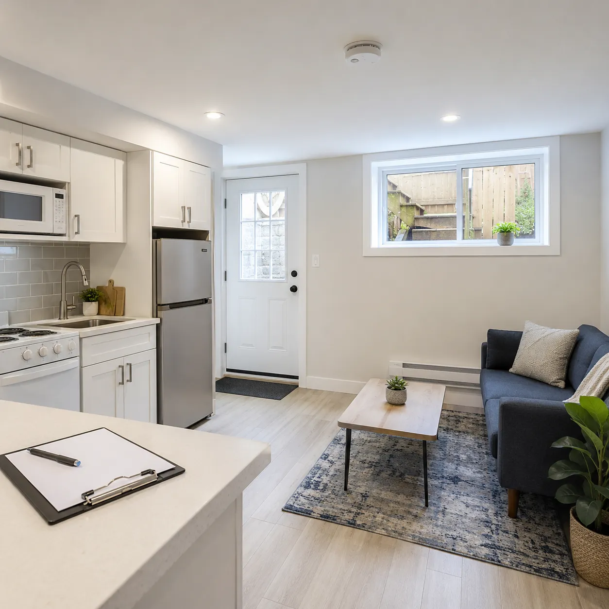 Finished basement apartment with kitchenette, separate entrance, smoke alarm, and permit checklist in Ontario