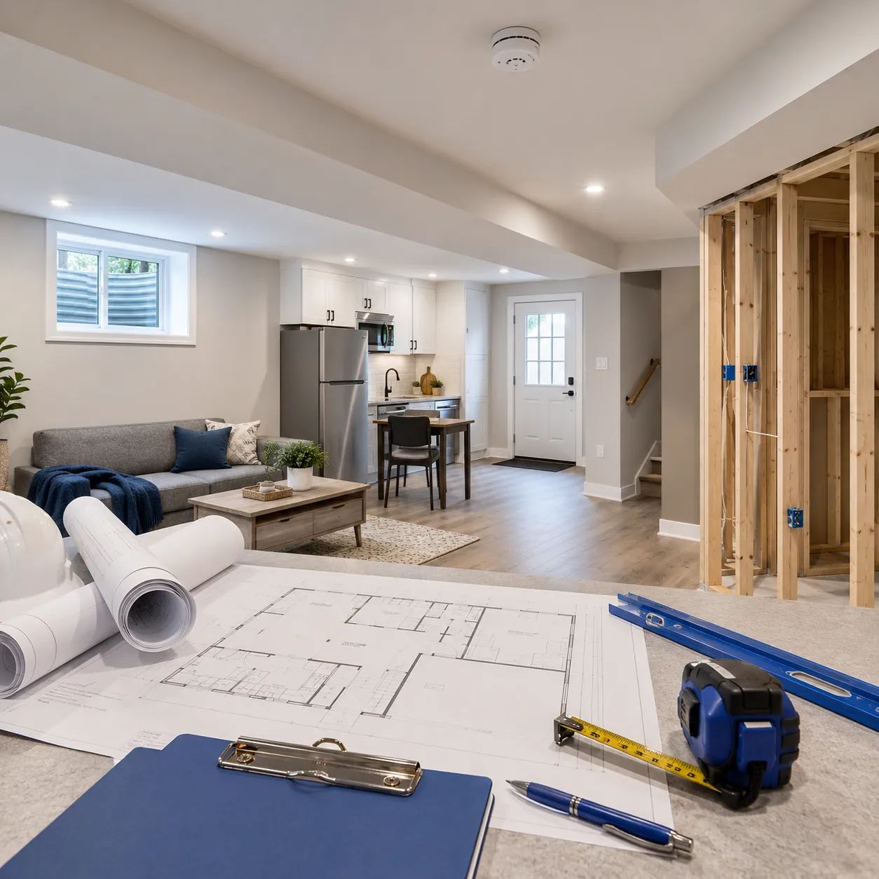 Modern Ontario basement apartment renovation with permit drawings, egress window, separate entrance, and safety features for legal secondary suite permit requirements.