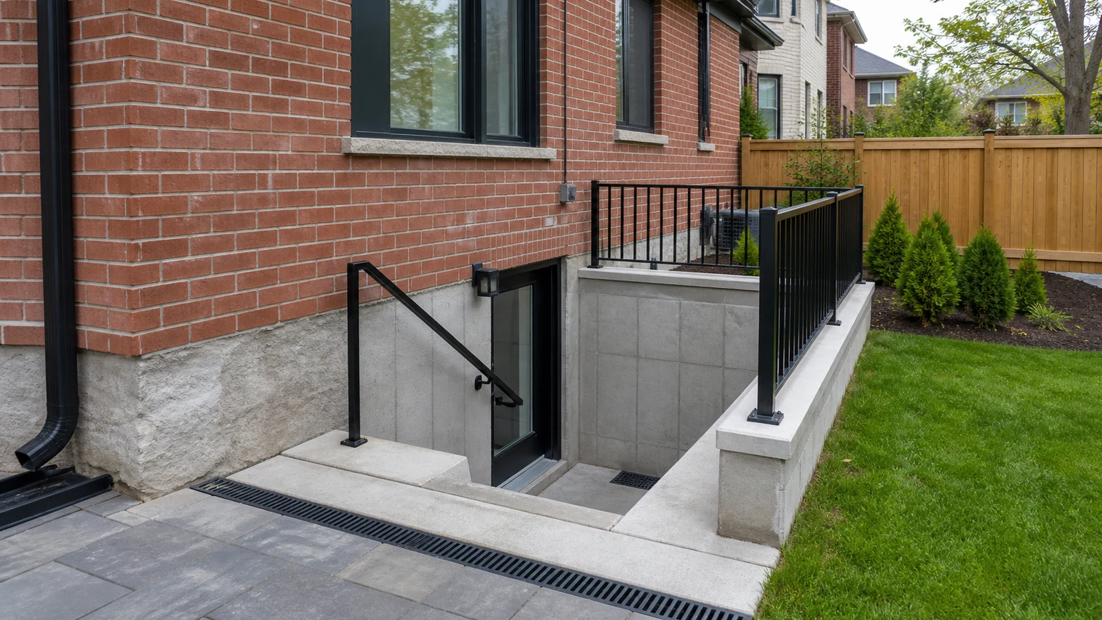 Professionally constructed basement walkout with exterior stairs, guardrails, and drainage beside a Toronto brick house