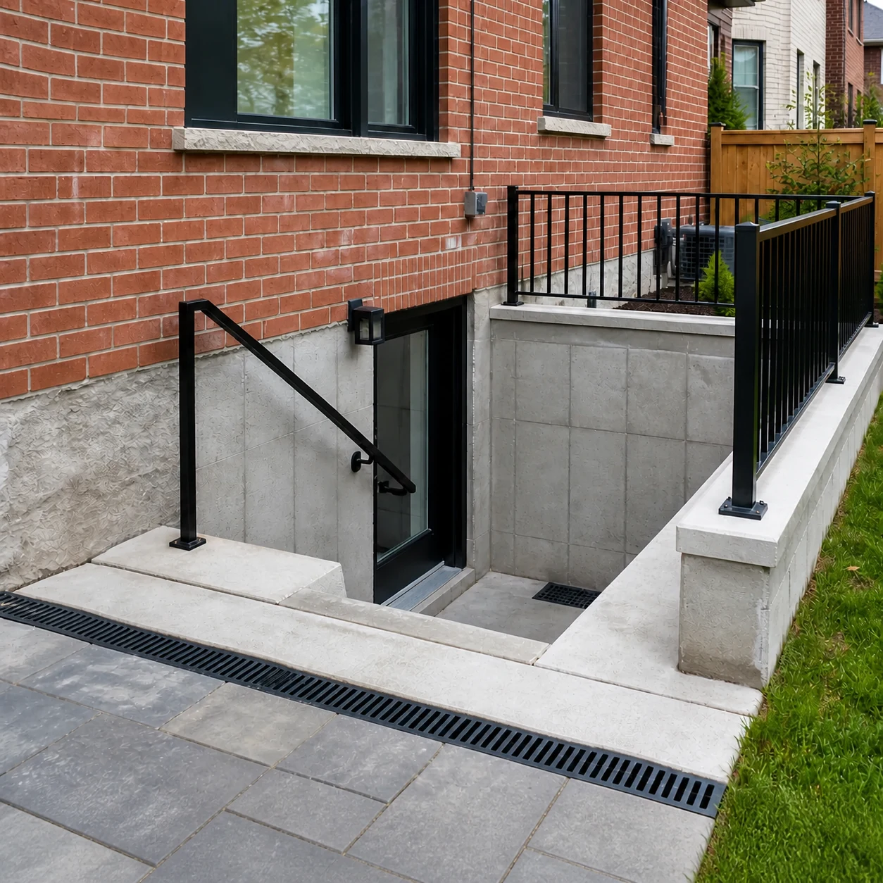 Basement walkout entrance with concrete stairs, black guardrails, drainage, and brick exterior beside a Toronto house