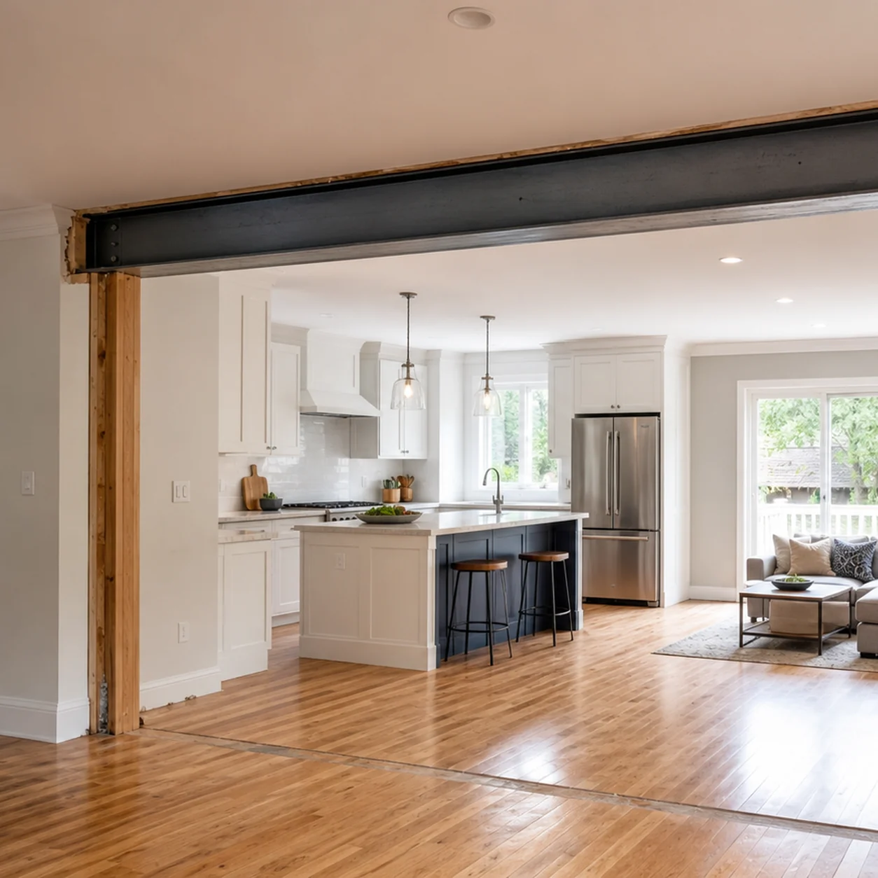 Structural beam and support post at a load-bearing wall opening in a renovated Ontario home