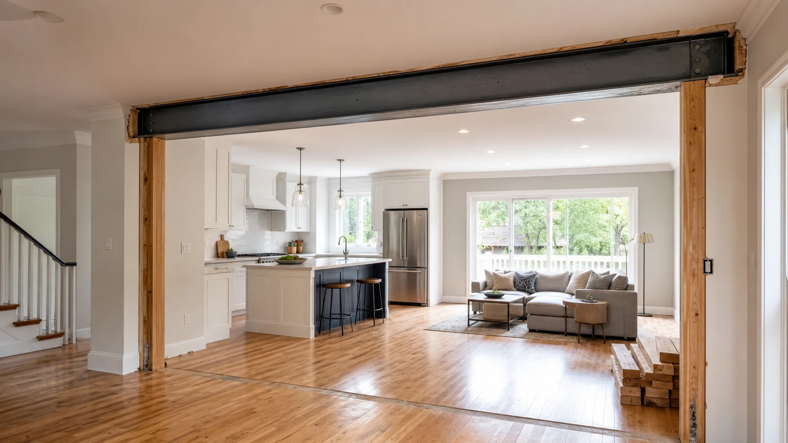 New structural steel beam and wood support posts spanning a widened opening in an Ontario home renovation