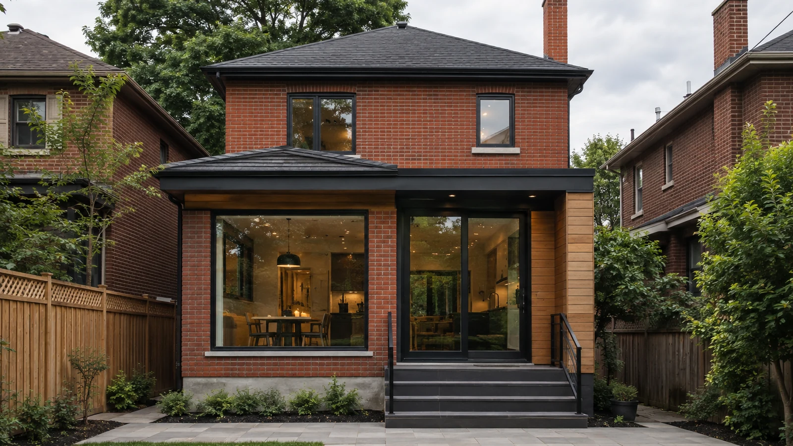 Completed contemporary rear addition on a red-brick Toronto house viewed from the backyard