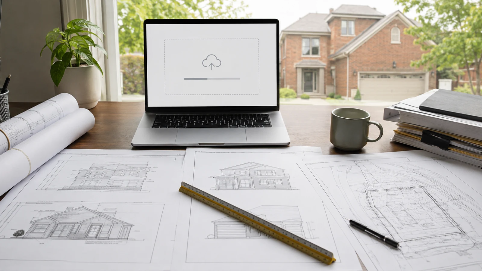 Organized Brampton building permit application drawings, survey, and portal upload workspace