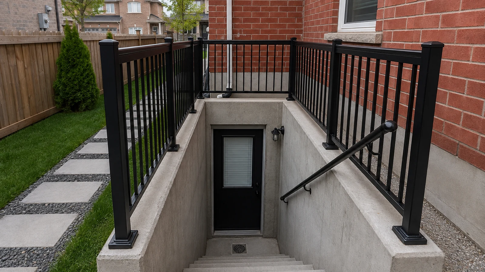 Brampton brick house with a completed below-grade basement entrance, concrete stairs, guards, and landing drainage