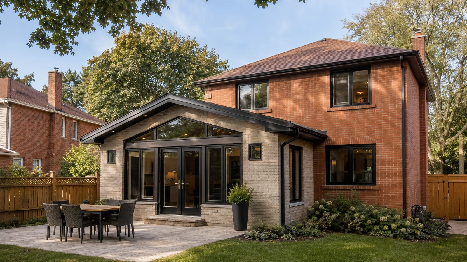 Compatible rear addition on a detached brick house in a tree-lined Brampton mature neighbourhood