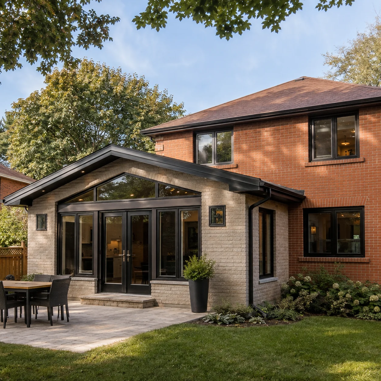 Brampton brick house with a completed addition in an established neighbourhood
