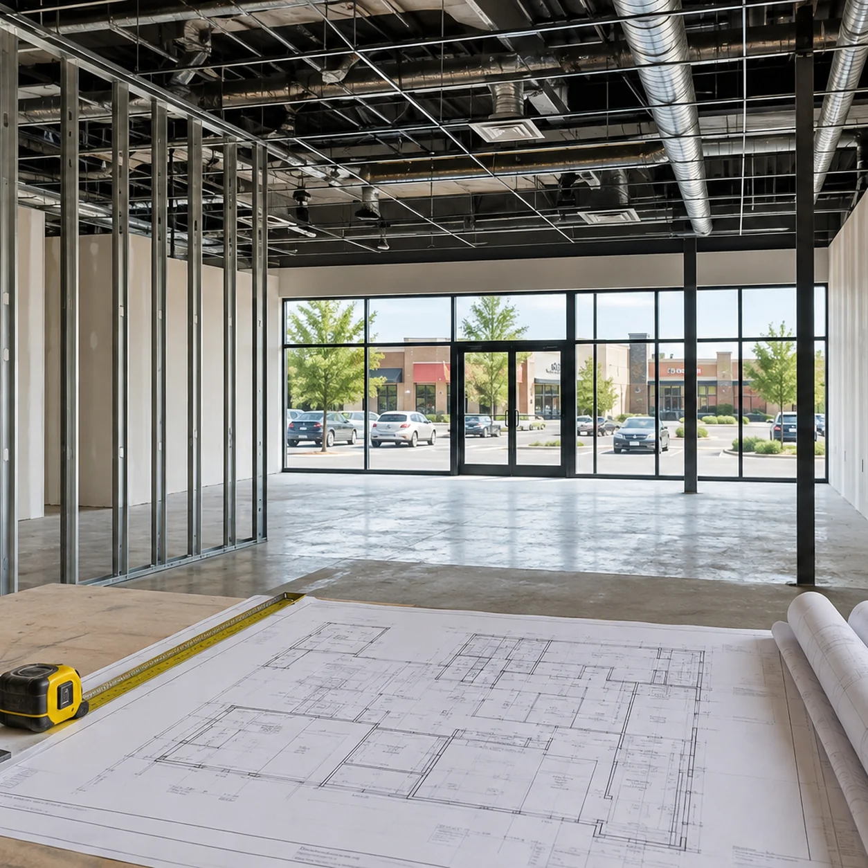 Permit drawings on a worktable inside a Brampton retail or office renovation