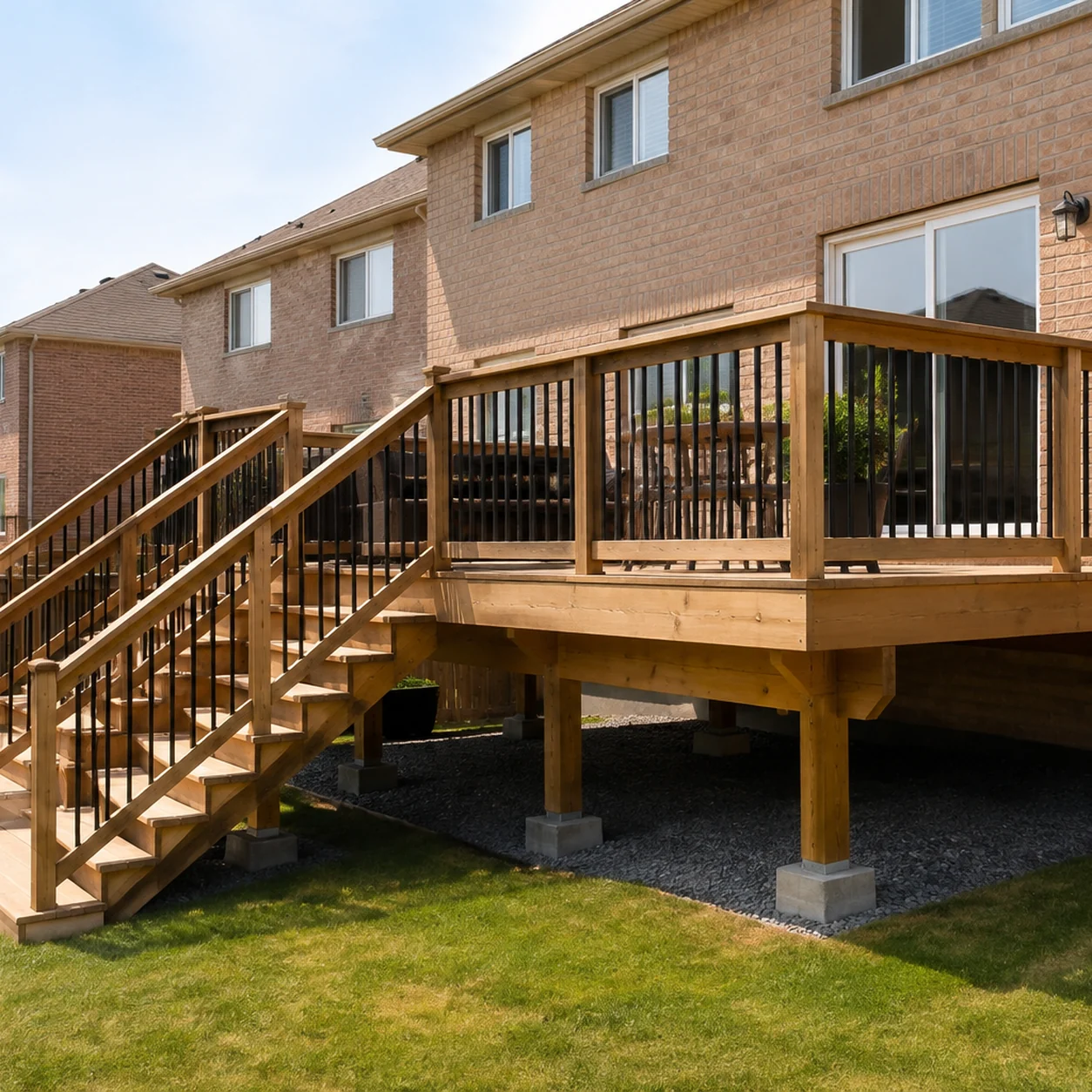 Attached Brampton backyard deck with stairs, guards, and structural posts