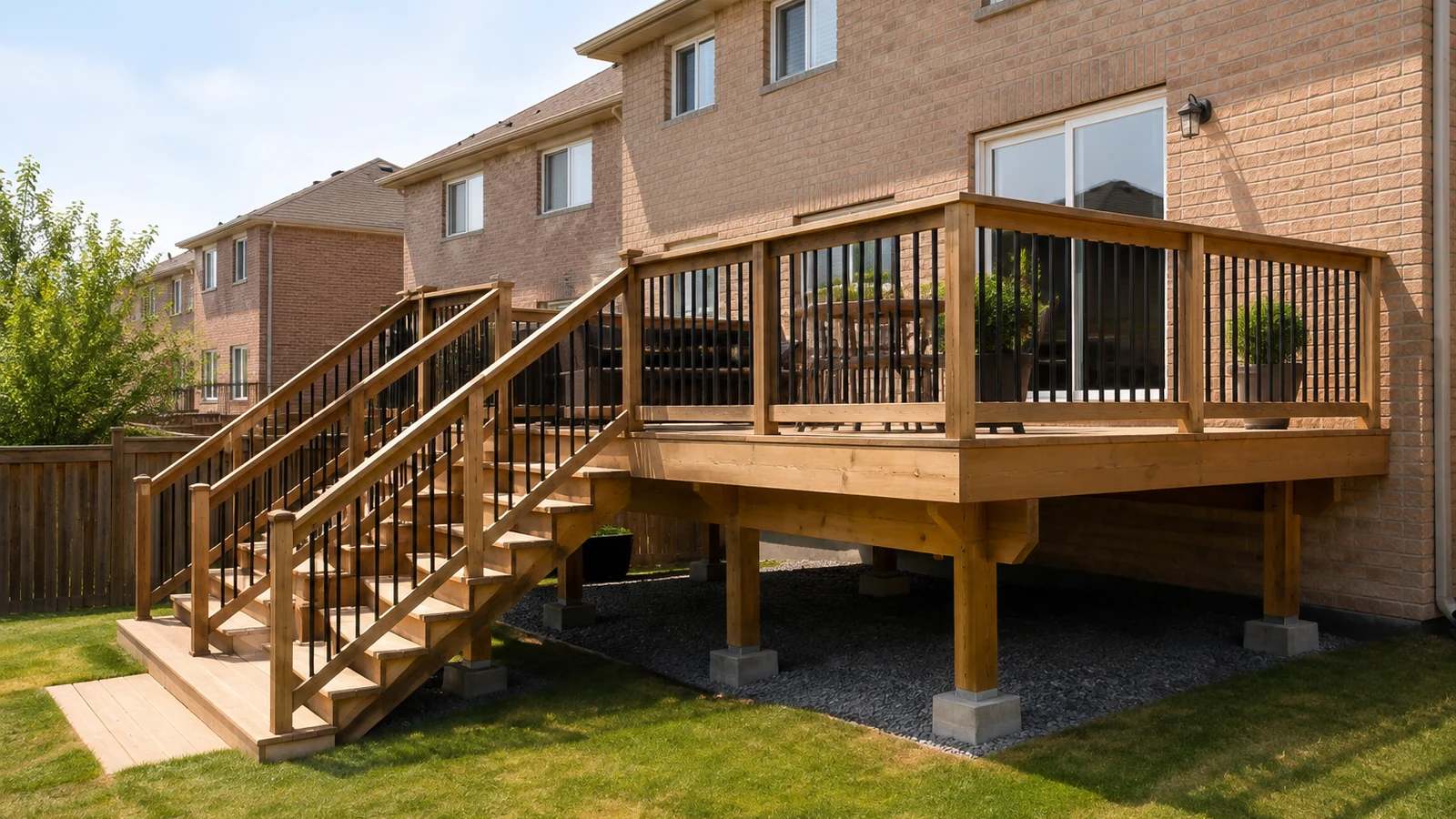 Elevated attached deck with guards, stairs, posts, and footings behind a Brampton brick house