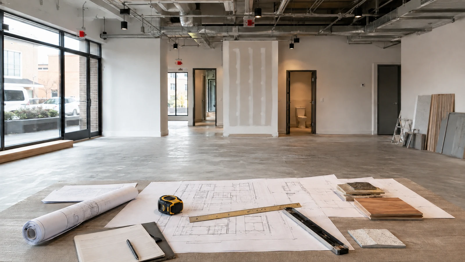 Commercial unit in Ontario being assessed with floor plans before a proposed change of use