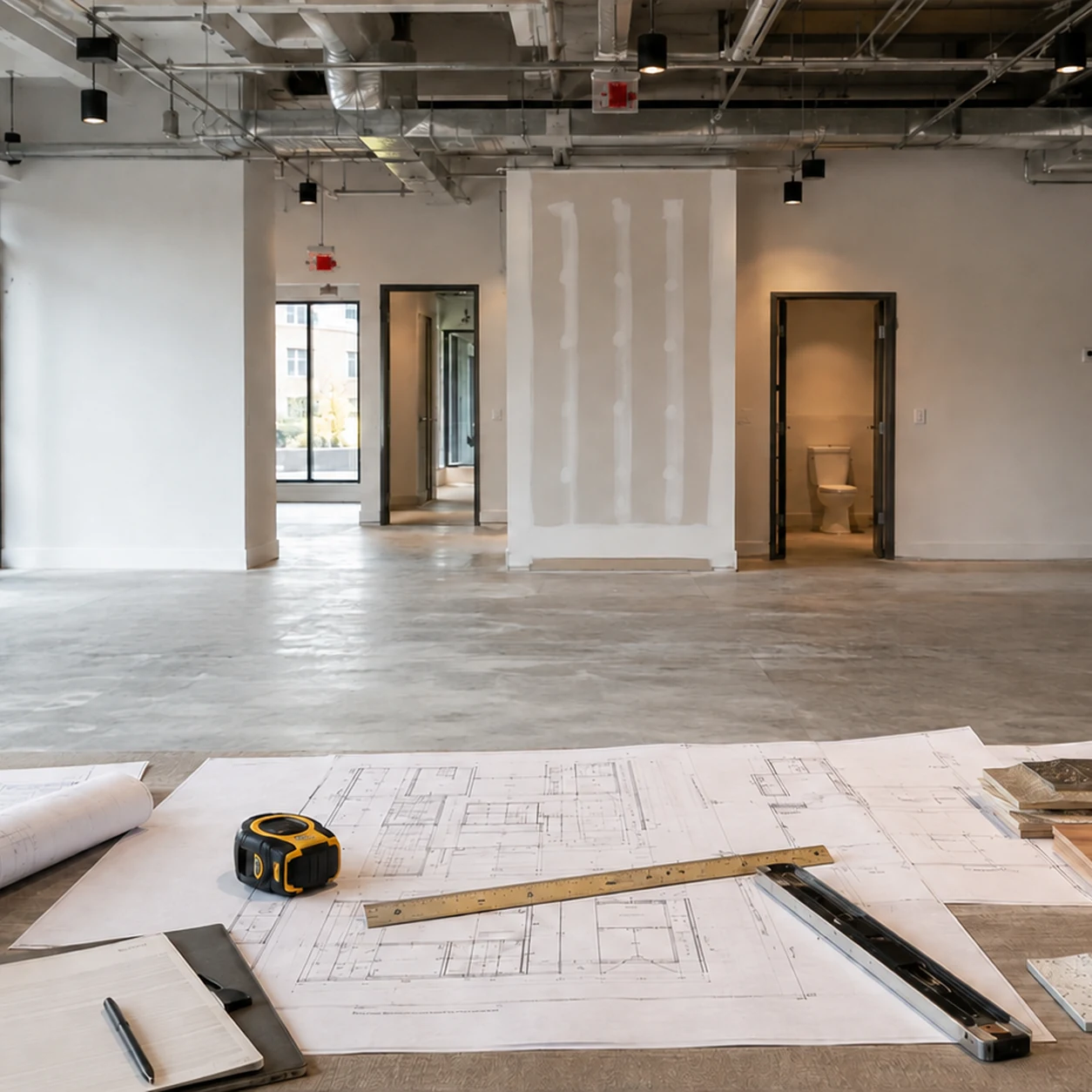 Permit drawings arranged inside an Ontario commercial unit under review for a new use