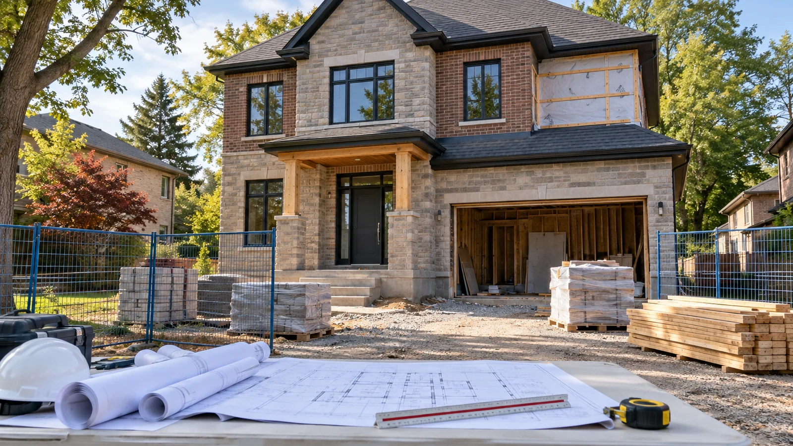 Custom home under construction in Ontario with coordinated permit drawings in the foreground