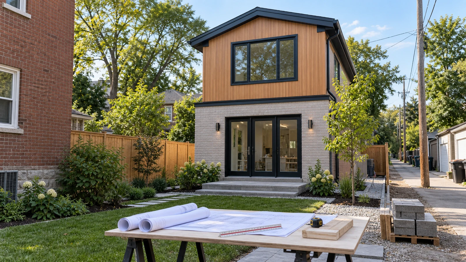 Toronto garden or laneway suite beside a rear yard with coordinated permit drawings in the foreground