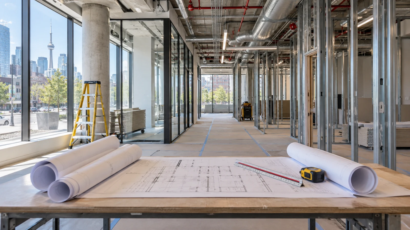 Toronto commercial interior under renovation with coordinated permit drawings and building services visible